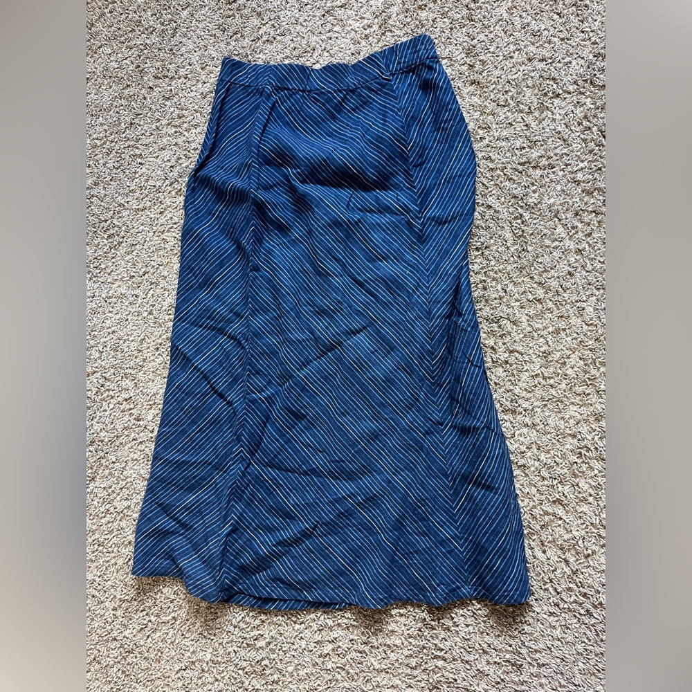 J Jill Love Linen Women Size Small Skirt Blue Striped Flare Long Knee - Picture 6 of 6
